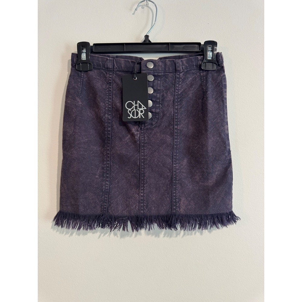 Chaser Acid Wash Mini Skirt Womens XS Blueberry Frayed Fringe Hem Revolve